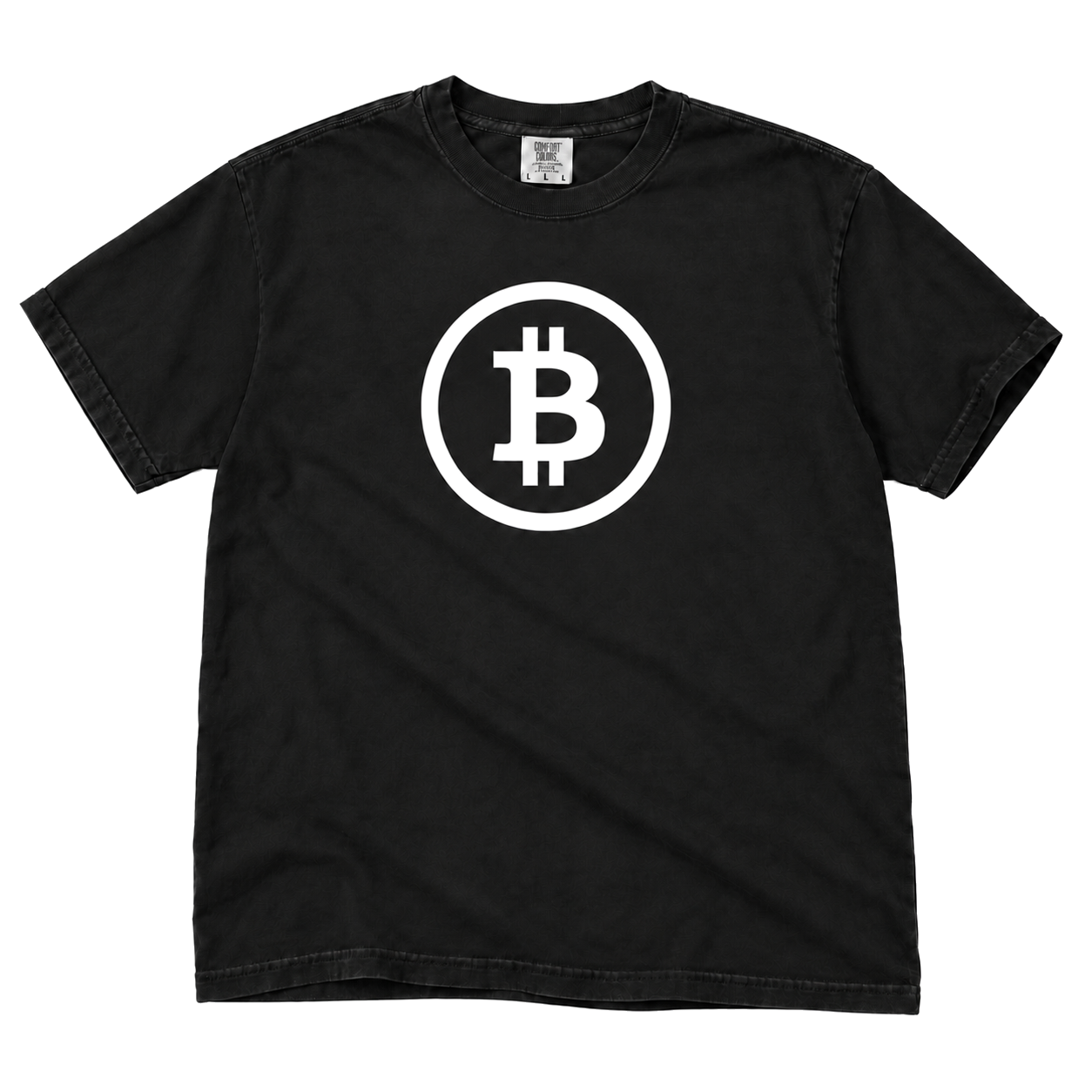 Black Bitcoin Circle Tee flatlay on a white background