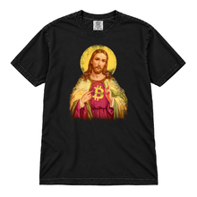 Sacred Bitcoin Jesus original artwork on a Black garment-dyed t-shirt, upright flatlay on pure white