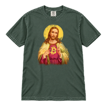 Sacred Bitcoin Jesus original artwork on a Blue Spruce garment-dyed t-shirt, upright flatlay on pure white