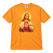 Sacred Bitcoin Jesus original artwork on a Bright Orange garment-dyed t-shirt, upright flatlay on pure white