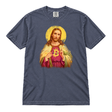 Sacred Bitcoin Jesus original artwork on a Denim garment-dyed t-shirt, upright flatlay on pure white