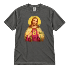 Sacred Bitcoin Jesus original artwork on a Pepper garment-dyed t-shirt, upright flatlay on pure white