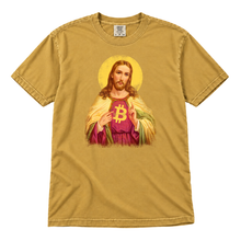 Sacred Bitcoin Jesus original artwork on a Mustard garment-dyed t-shirt, upright flatlay on pure white