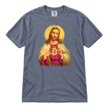 Sacred Bitcoin Jesus original artwork on a Blue Jean garment-dyed t-shirt, upright flatlay on pure white