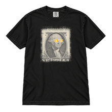 Bitcoin George Washington original artwork on a Black garment-dyed t-shirt, upright flatlay on pure white