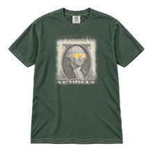 Bitcoin George Washington original artwork on a Blue Spruce garment-dyed t-shirt, upright flatlay on pure white