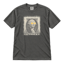 Bitcoin George Washington original artwork on a Pepper garment-dyed t-shirt, upright flatlay on pure white