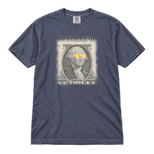 Bitcoin George Washington original artwork on a Denim garment-dyed t-shirt, upright flatlay on pure white