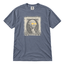 Bitcoin George Washington original artwork on a Blue Jean garment-dyed t-shirt, upright flatlay on pure white