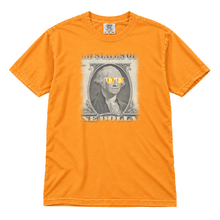 Bitcoin George Washington original artwork on a Bright Orange garment-dyed t-shirt, upright flatlay on pure white
