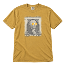 Bitcoin George Washington original artwork on a Mustard garment-dyed t-shirt, upright flatlay on pure white