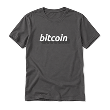 Bitcoin 3D wordmark original artwork on a asphalt t-shirt, upright relaxed flatlay on pure white
