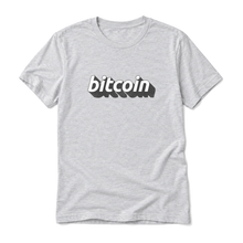 Bitcoin 3D wordmark original artwork on a athletic heather t-shirt, upright relaxed flatlay on pure white