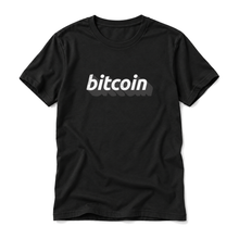 Bitcoin 3D wordmark original artwork on a black t-shirt, upright relaxed flatlay on pure white
