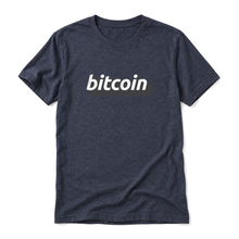 Bitcoin 3D wordmark original artwork on a heather midnight navy t-shirt, upright relaxed flatlay on pure white