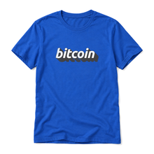 Bitcoin 3D wordmark original artwork on a true royal t-shirt, upright relaxed flatlay on pure white