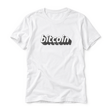 Bitcoin 3D wordmark original artwork on a white t-shirt, upright relaxed flatlay on pure white