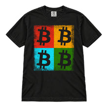 Bitcoin Color Squares original distressed artwork, 40 percent larger, on a black Comfort Colors 1717 T-shirt, upright flatlay on white