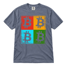 Bitcoin Color Squares original distressed artwork, 40 percent larger, on a blue jean Comfort Colors 1717 T-shirt, upright flatlay on white