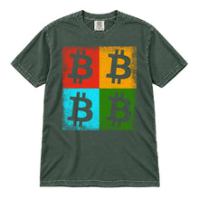 Bitcoin Color Squares original distressed artwork, 40 percent larger, on a blue spruce Comfort Colors 1717 T-shirt, upright flatlay on white