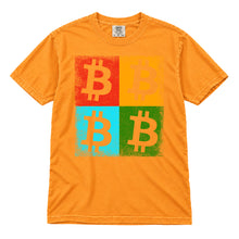 Bitcoin Color Squares original distressed artwork, 40 percent larger, on a bright orange Comfort Colors 1717 T-shirt, upright flatlay on white