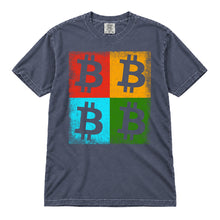 Bitcoin Color Squares original distressed artwork, 40 percent larger, on a denim Comfort Colors 1717 T-shirt, upright flatlay on white