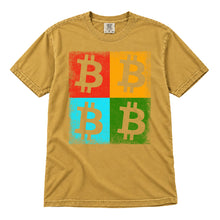 Bitcoin Color Squares original distressed artwork, 40 percent larger, on a mustard Comfort Colors 1717 T-shirt, upright flatlay on white