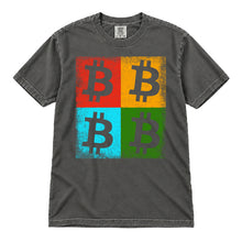 Bitcoin Color Squares original distressed artwork, 40 percent larger, on a pepper Comfort Colors 1717 T-shirt, upright flatlay on white