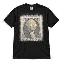 Bitcoin George Washington original artwork, enlarged full-chest print on a Black Comfort Colors 1717 t-shirt, flatlay on white