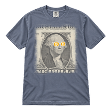 Bitcoin George Washington original artwork, enlarged full-chest print on a Blue Jean Comfort Colors 1717 t-shirt, flatlay on white