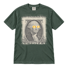 Bitcoin George Washington original artwork, enlarged full-chest print on a Blue Spruce Comfort Colors 1717 t-shirt, flatlay on white