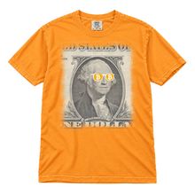 Bitcoin George Washington original artwork, enlarged full-chest print on a Bright Orange Comfort Colors 1717 t-shirt, flatlay on white
