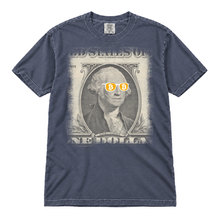 Bitcoin George Washington original artwork, enlarged full-chest print on a Denim Comfort Colors 1717 t-shirt, flatlay on white
