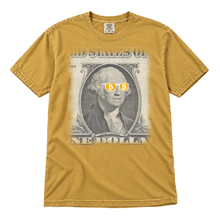 Bitcoin George Washington original artwork, enlarged full-chest print on a Mustard Comfort Colors 1717 t-shirt, flatlay on white