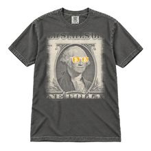 Bitcoin George Washington original artwork, enlarged full-chest print on a Pepper Comfort Colors 1717 t-shirt, flatlay on white