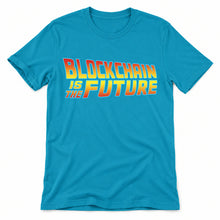 Blockchain Is the Future original artwork on a aqua Bella + Canvas 3001 T-shirt, realistic upright flatlay on a white background
