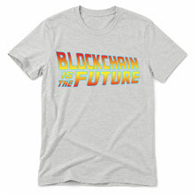 Blockchain Is the Future original artwork on a ash Bella + Canvas 3001 T-shirt, realistic upright flatlay on a white background