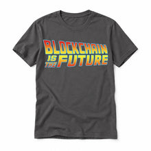 Blockchain Is the Future original artwork on a asphalt Bella + Canvas 3001 T-shirt, realistic upright flatlay on a white background