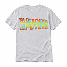 Blockchain Is the Future original artwork on a athletic heather Bella + Canvas 3001 T-shirt, realistic upright flatlay on a white background