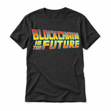 Blockchain Is the Future original artwork on a black heather Bella + Canvas 3001 T-shirt, realistic upright flatlay on a white background