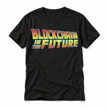 Blockchain Is the Future original artwork on a black Bella + Canvas 3001 T-shirt, realistic upright flatlay on a white background