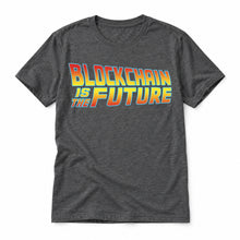 Blockchain Is the Future original artwork on a dark grey heather Bella + Canvas 3001 T-shirt, realistic upright flatlay on a white background
