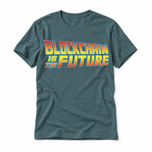 Blockchain Is the Future original artwork on a heather deep teal Bella + Canvas 3001 T-shirt, realistic upright flatlay on a white background
