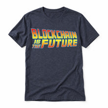 Blockchain Is the Future original artwork on a heather midnight navy Bella + Canvas 3001 T-shirt, realistic upright flatlay on a white background