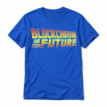 Blockchain Is the Future original artwork on a true royal Bella + Canvas 3001 T-shirt, realistic upright flatlay on a white background