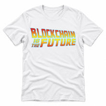 Blockchain Is the Future original artwork on a white Bella + Canvas 3001 T-shirt, realistic upright flatlay on a white background