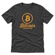 Bitcoin Established 2009 t-shirt in dark grey heather, upright flatlay on a white background