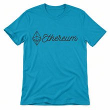 Ethereum Script original artwork on a aqua Bella + Canvas 3001 T-shirt, realistic upright flatlay on a white background