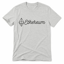 Ethereum Script original artwork on a ash Bella + Canvas 3001 T-shirt, realistic upright flatlay on a white background