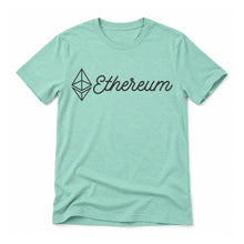 Ethereum Script original artwork on a heather mint Bella + Canvas 3001 T-shirt, realistic upright flatlay on a white background